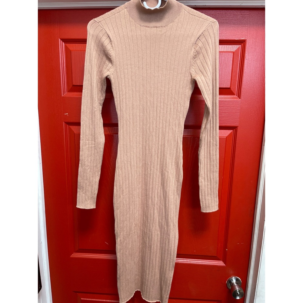 Fashion Nova Tan Ribbed Knit Mock Neck Long Sleeve Bodycon Midi Dress Small